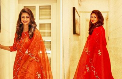 Divyanka Tripathi luciendo hermosa en conjunto kurta indio bordado transparente rojo